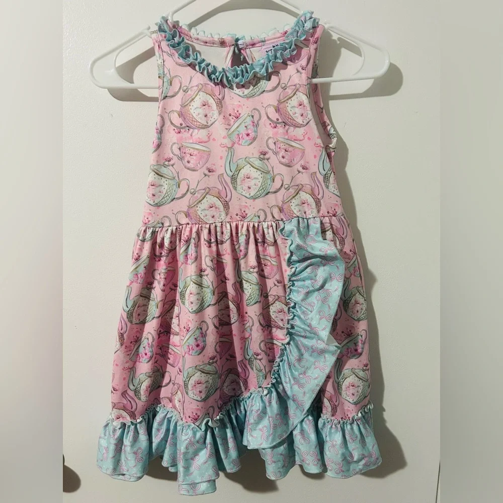 Pete + Lucy Cherry Blossom Tea Party Dress Pink &  Blue Ruffle Dress, Size 6